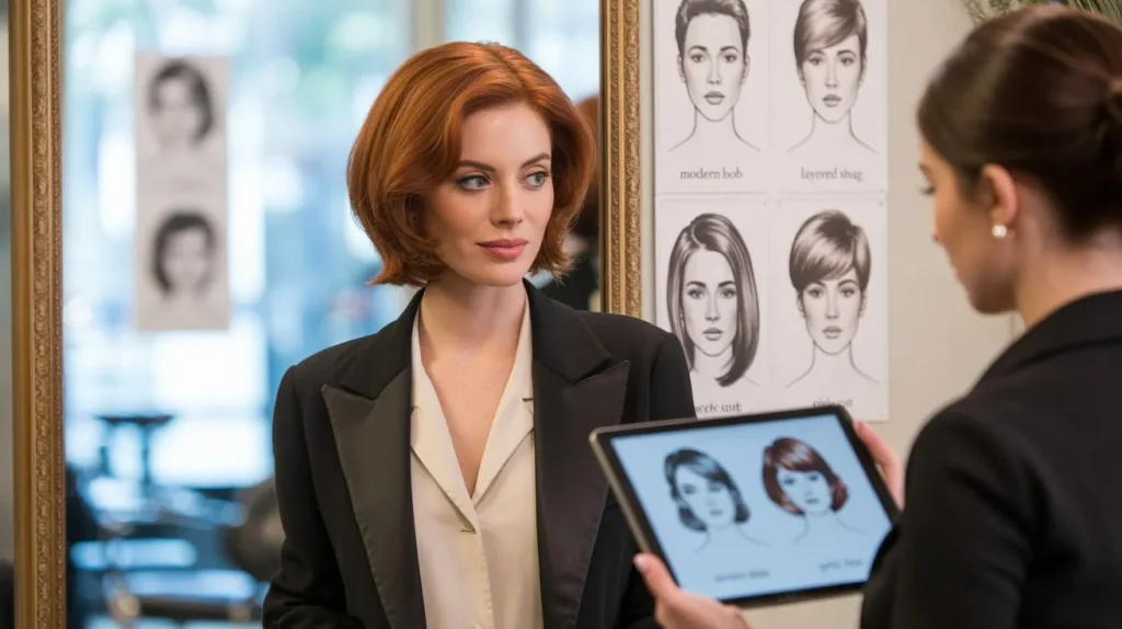 24+ Best Flattering Haircut According to Your Face Shape 2 Woman at a salon choosing flattering haircut based on face shape.