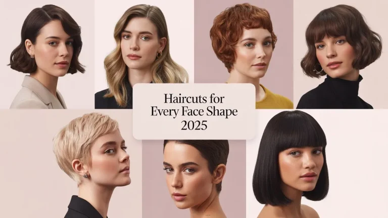 Collage of best haircuts for different face shapes, including bob, layers, and bangs.