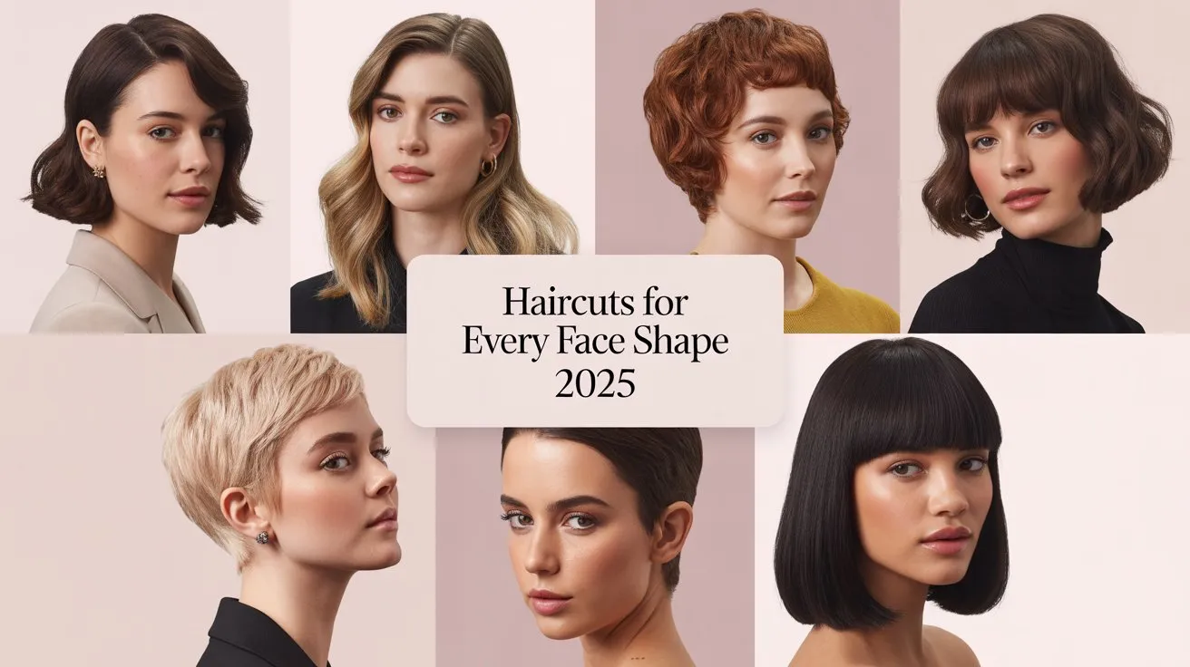 Collage of best haircuts for different face shapes, including bob, layers, and bangs.