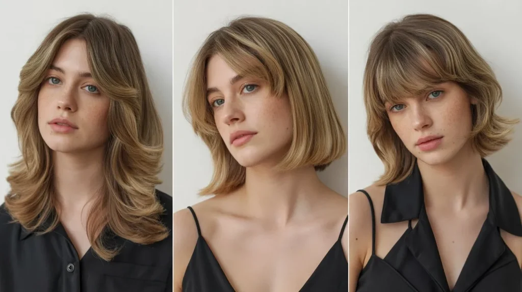 24+ Best Flattering Haircut According to Your Face Shape 4 Oval face shape with layered waves, bob, and curtain bangs.
