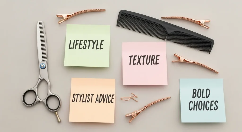 24+ Best Flattering Haircut According to Your Face Shape 11 Flat lay of hair tools with expert haircutting tips for different face shapes.