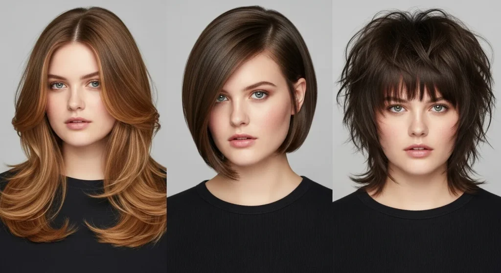24+ Best Flattering Haircut According to Your Face Shape 5 Round face shape styled with layered waves, asymmetrical bob, and shag haircut.