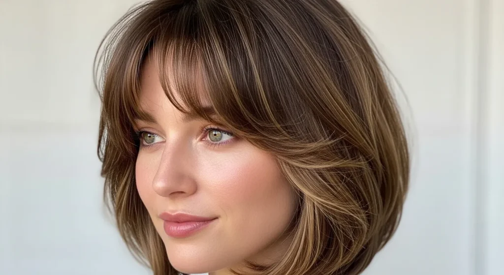 24+ Best Flattering Haircut According to Your Face Shape 8 Long face shape styled with layers, curtain bangs, and bob.