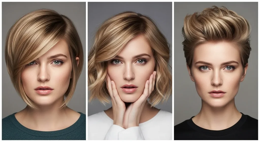 24+ Best Flattering Haircut According to Your Face Shape 7 Heart face shape styled with lob, layered cut, and pixie haircut.