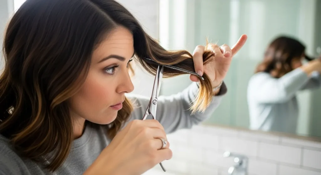 Cutting the side sections of hair evenly with back guide.