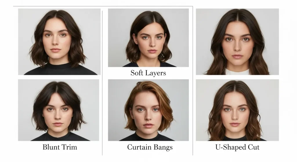 Beginner-friendly hairstyles you can cut at home: blunt trim, layers, bangs, U-shape.