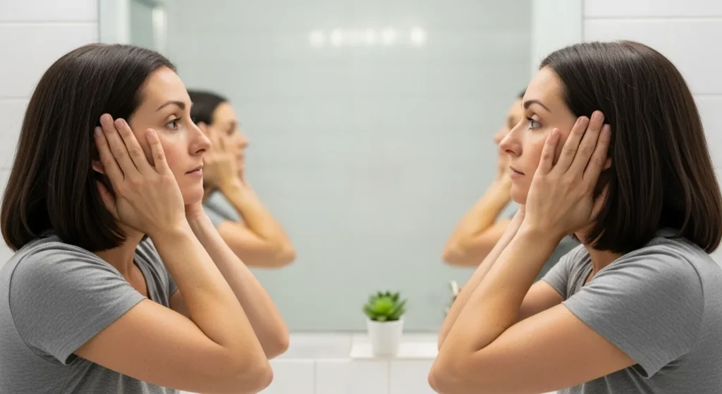 Checking haircut balance by comparing both sides in mirror.