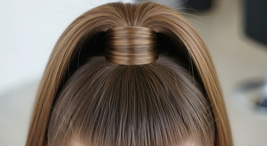 DIY haircut layering technique using ponytail trimming method.