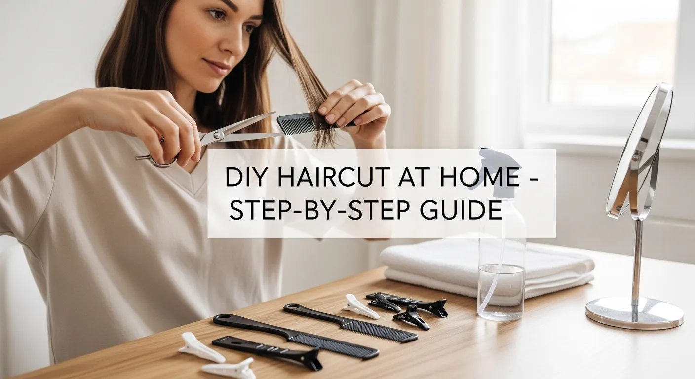 DIY haircut tools flat lay including scissors, combs, and clips on a vanity.