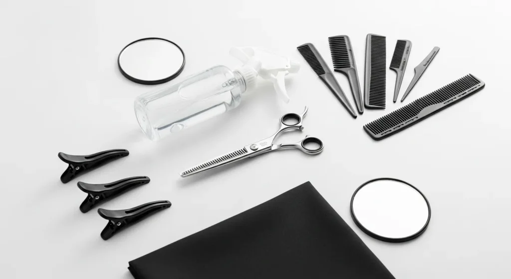 Essential tools needed for a DIY haircut at home.