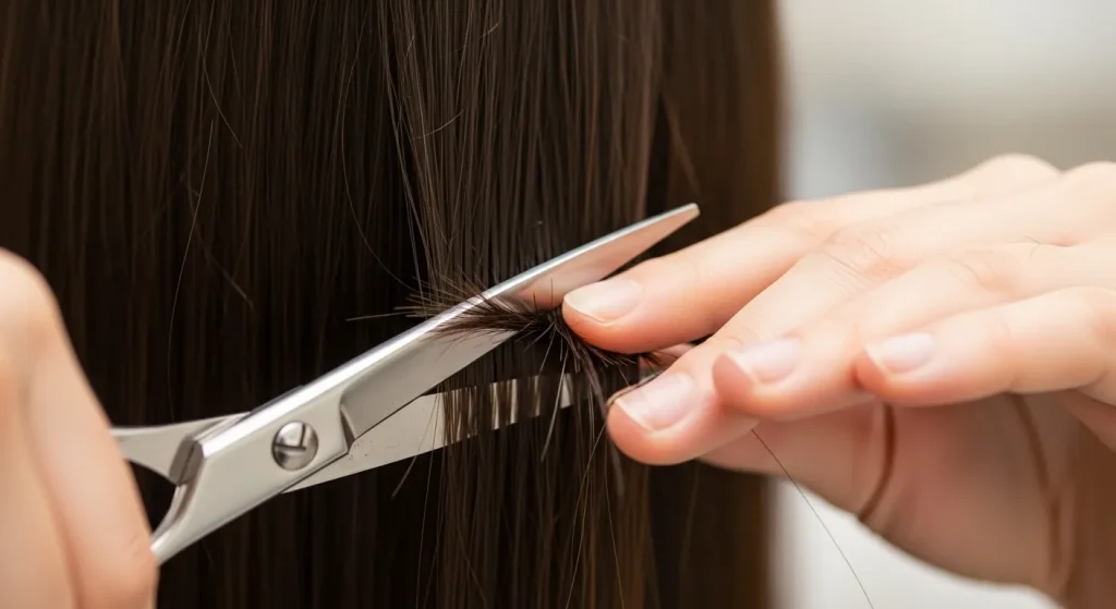 Trimming the back section of hair first during DIY haircut.