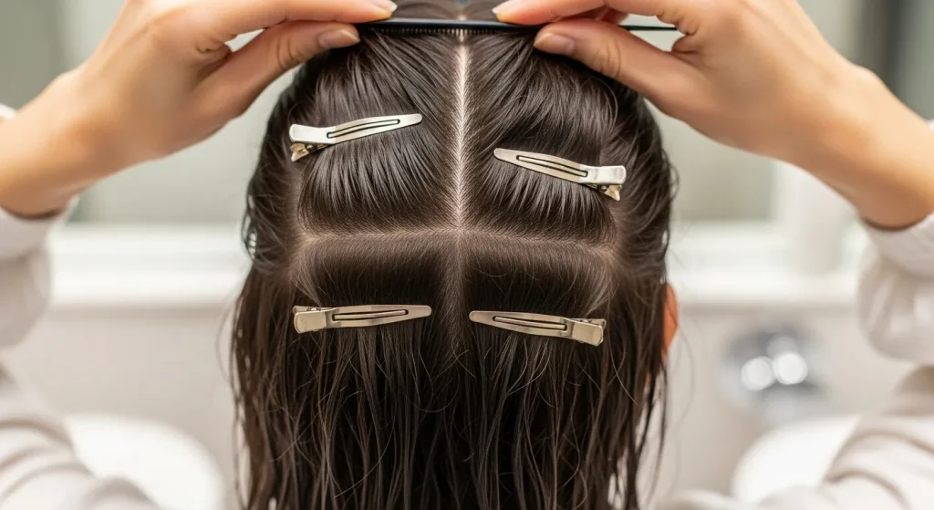 Hair neatly sectioned into four parts with clips before DIY haircut.