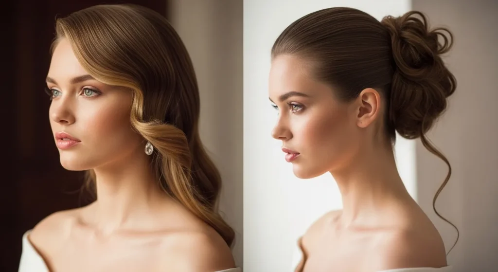Hairstyles according to neckline that highlight off-shoulder dresses: waves, bun, sleek hair.