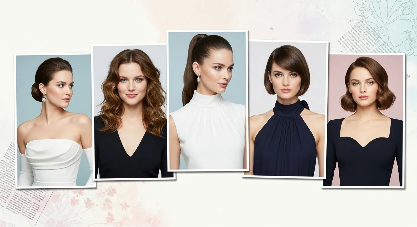 ollage showing best hairstyles matched with different outfit necklines.