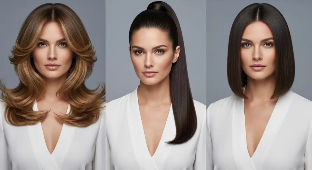 V-neck outfits paired with layered waves, ponytail, and lob hairstyle.