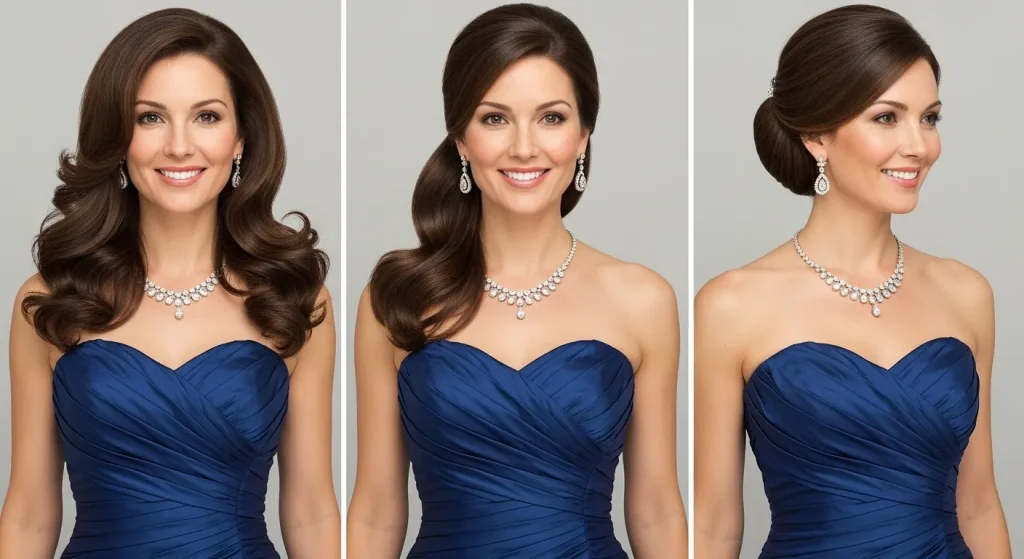 Strapless gown paired with curls, half-up style, and low bun hairstyles.