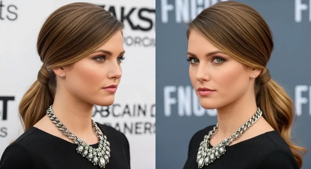 High-neck outfit matched with bun, ponytail, and bob hairstyles.
