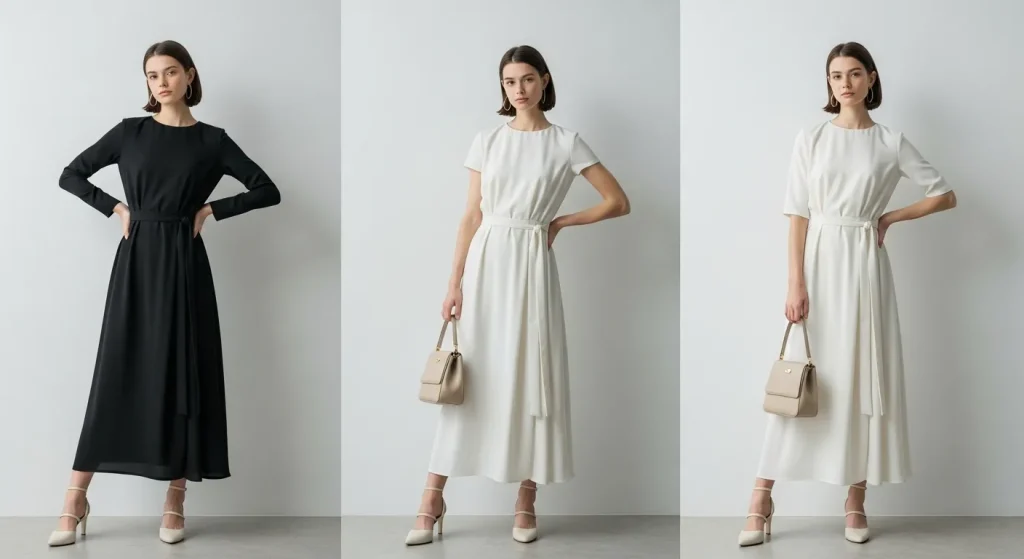 Boat neckline styled with chignon, straight sleek hair, and French twist.