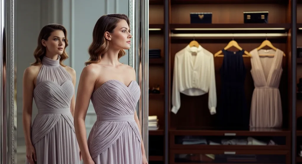 Chic woman with medium-length waves styled to complement a strapless neckline.