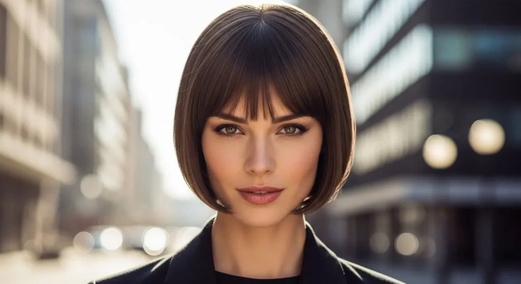 20+ Short Bob with Bangs Hairstyle with Guide 2 Stylish woman with short bob with bangs style in an urban setting, 2025 hairstyle trend.