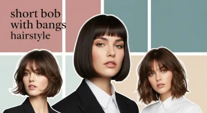 Collage of women wearing short bob with bangs hairstyle in different styles.