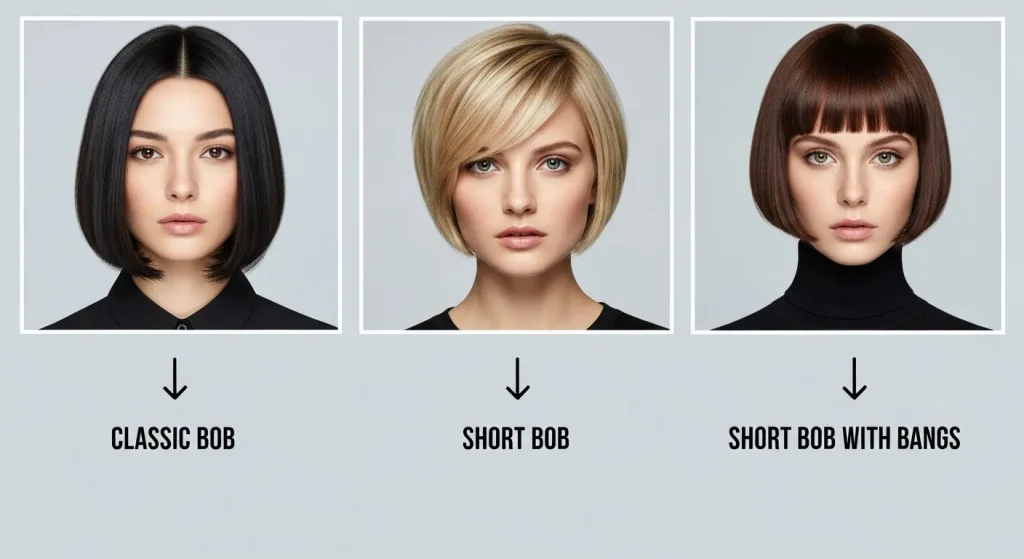 20+ Short Bob with Bangs Hairstyle with Guide 3 comparing short bob and short bob with bangs hairstyle.