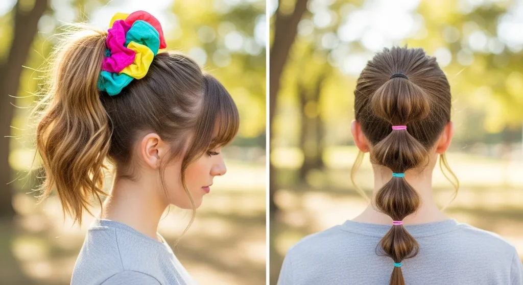 30+ Aesthetic Hairstyles Ideas for Girls Everyday Look 6 High ponytail with scrunchie and bubble ponytail hairstyle.
