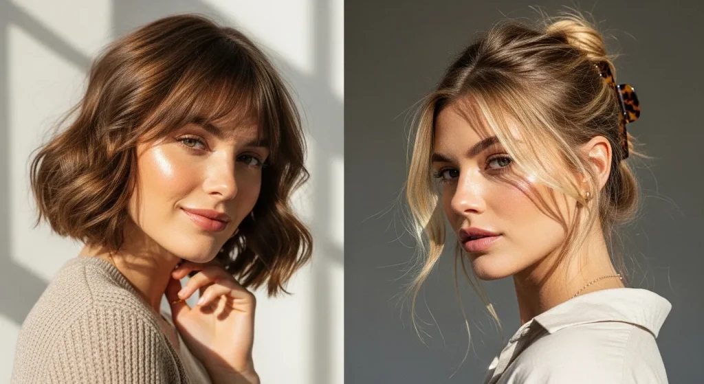 30+ Aesthetic Hairstyles Ideas for Girls Everyday Look 3 Wavy bob with bangs and half-up bun with claw clip for short and medium hair.