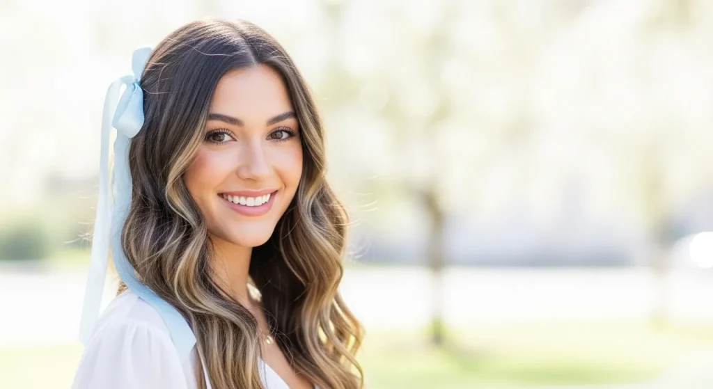 30+ Aesthetic Hairstyles Ideas for Girls Everyday Look 2 Girl with wavy aesthetic hairstyle styled with ribbon for everyday look.