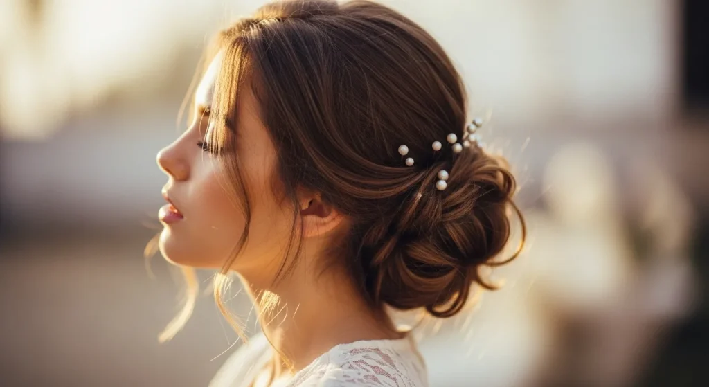 30+ Aesthetic Hairstyles Ideas for Girls Everyday Look 5 Messy low bun with pearl pins for everyday aesthetic look.