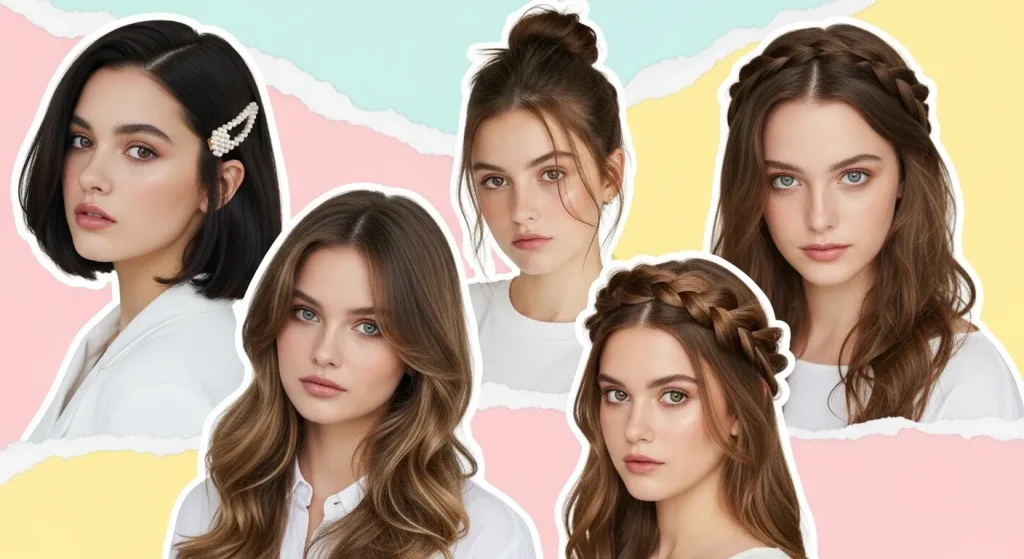 30+ Aesthetic Hairstyles Ideas for Girls Everyday Look 7 Everyday aesthetic hairstyles collage including waves, buns, braids, and sleek bob.