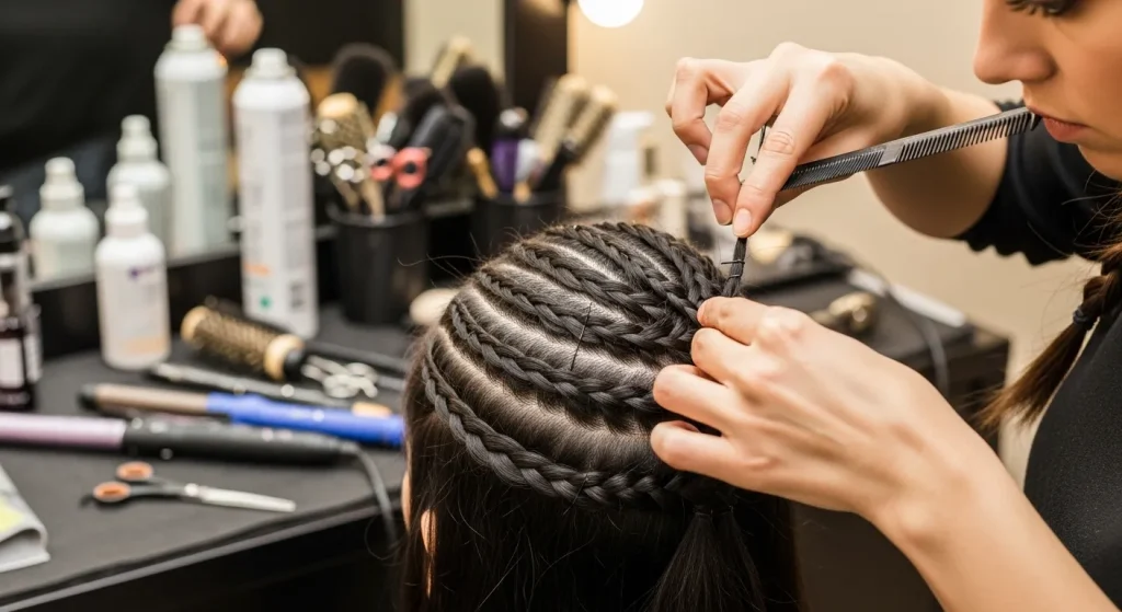 The Ultimate Guide to Braided Updo Hairstyles: Trends, Tips, and Tutorials 3 Hairstylist creating a braided updo in salon.