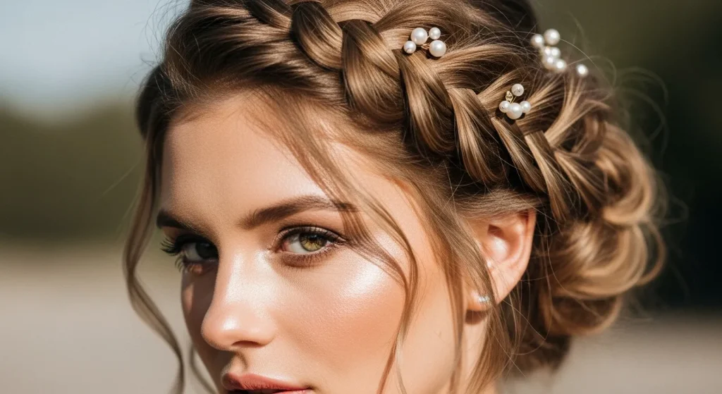 The Ultimate Guide to Braided Updo Hairstyles: Trends, Tips, and Tutorials 10 Loose, textured braided updo with pearl accessories.