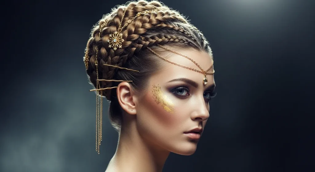 The Ultimate Guide to Braided Updo Hairstyles: Trends, Tips, and Tutorials 8 Goddess braids updo with bold, regal styling.