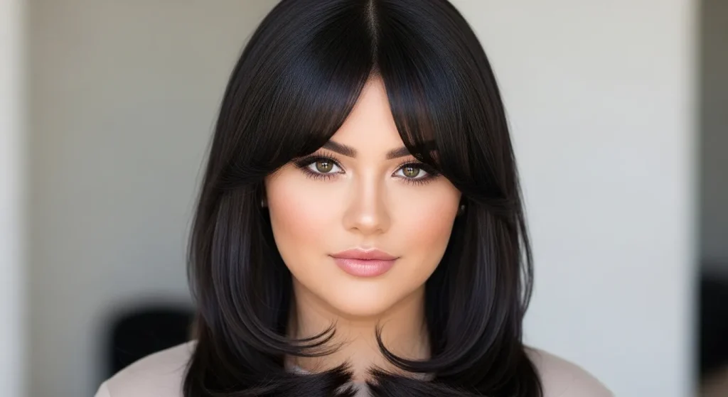 Long curtain bangs for round face shape.
