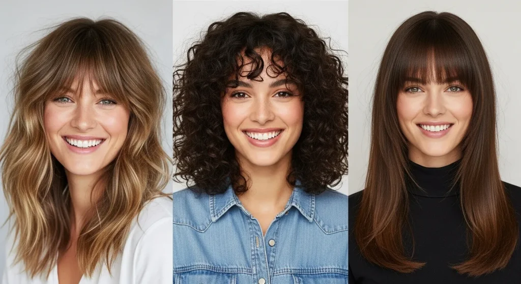 collage of Wavy hair with textured curtain bangs, Curtain bangs styled on curly hair, Straight hair with curtain bangs for extra volume.