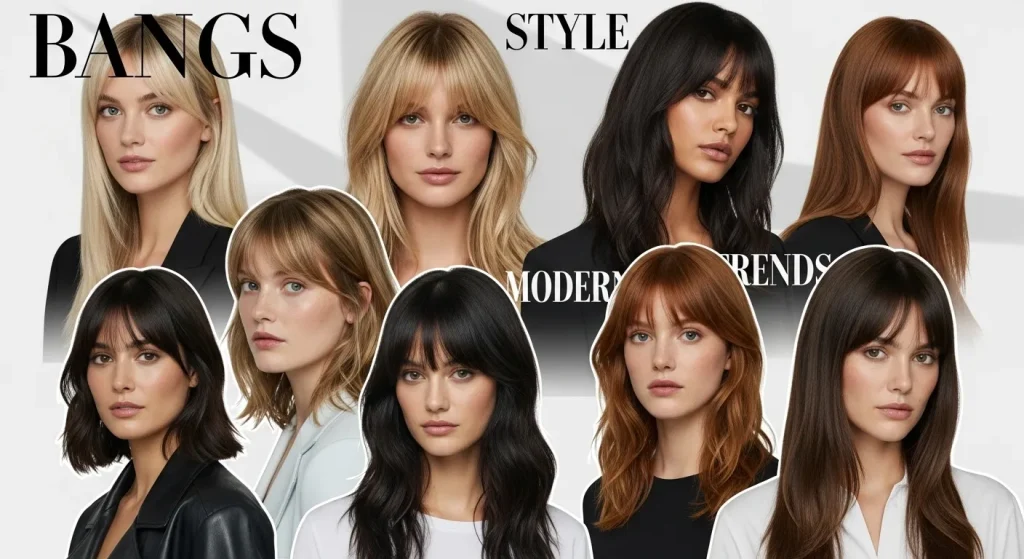 Celebrities and influencers wearing trendy curtain bangs hairstyles.