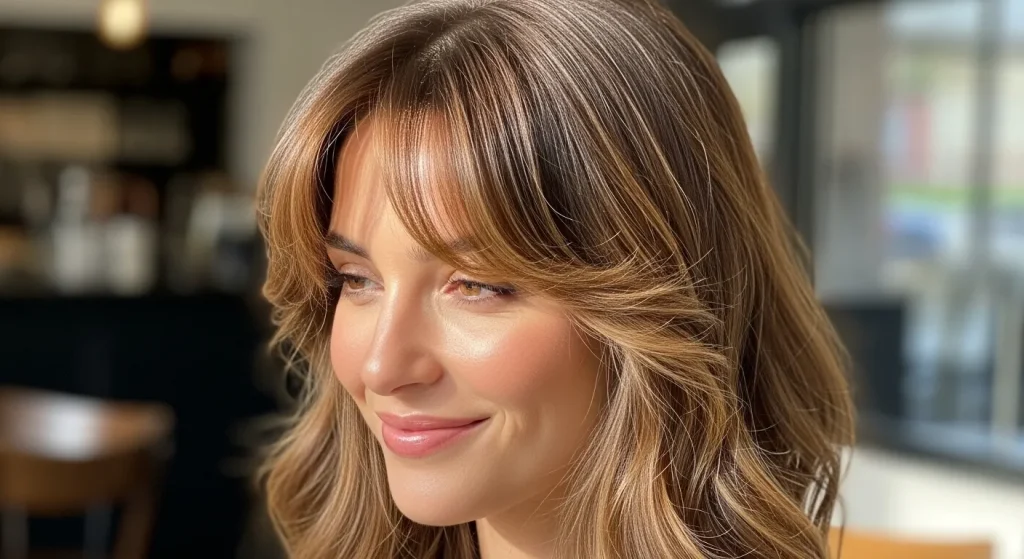 Curtain bangs hairstyle for oval face shape.