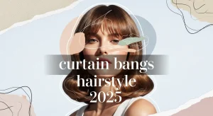 Curtain bangs hairstyle 2025 with soft waves, trendy chic look.