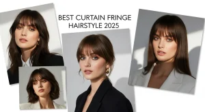 Curtain fringe 2025 hairstyle with soft waves, modern chic look.