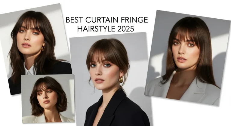 Curtain fringe 2025 hairstyle with soft waves, modern chic look.