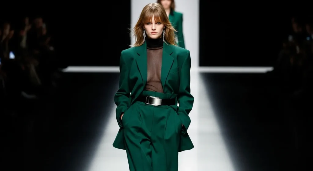 Best 24+ Curtain Fringe 2025 Hairstyle: Year’s Hottest Hair Trend 5 Fashion model with curtain fringe 2025 on runway.