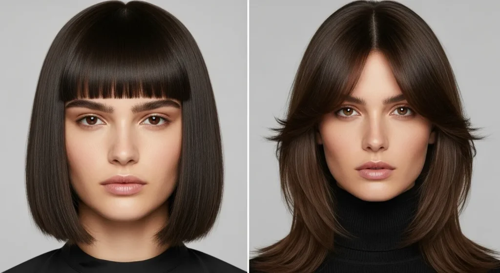 Best 24+ Curtain Fringe 2025 Hairstyle: Year’s Hottest Hair Trend 4 Comparison of blunt bangs vs. curtain fringe 2025 hairstyle.