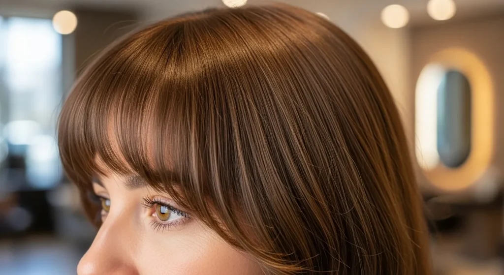 Best 24+ Curtain Fringe 2025 Hairstyle: Year’s Hottest Hair Trend 3 Close-up of curtain fringe showing soft parted bangs.