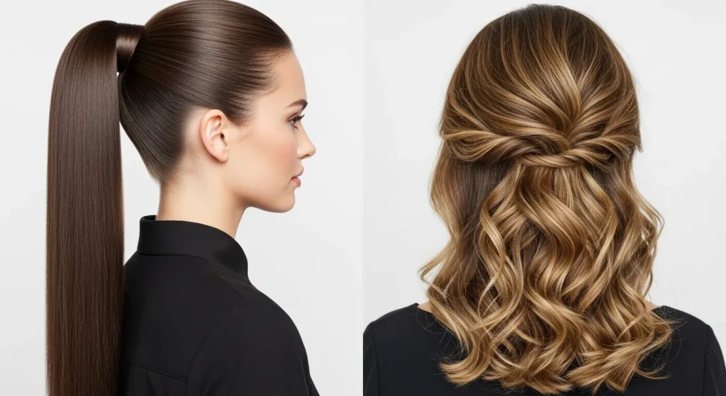 Comparison of sleek and wavy half up half down hairstyles.
