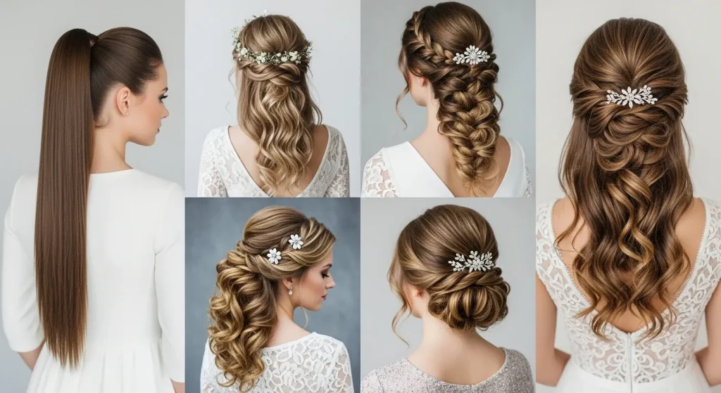 collage image of Classic half up half down ponytail hairstyle, Half up half down hairstyle with fishtail braids for bohemian look, voluminous curls, Elegant bridal half up half down hairstyle with flowers, Prom half up half down hairstyle with sparkling accessory.
