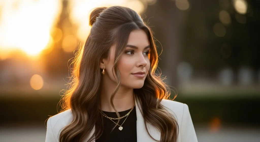 Hero image of woman wearing half up half down hairstyle with soft waves.