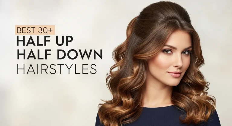 Featured image showcasing a trendy half up half down hairstyle with curls.