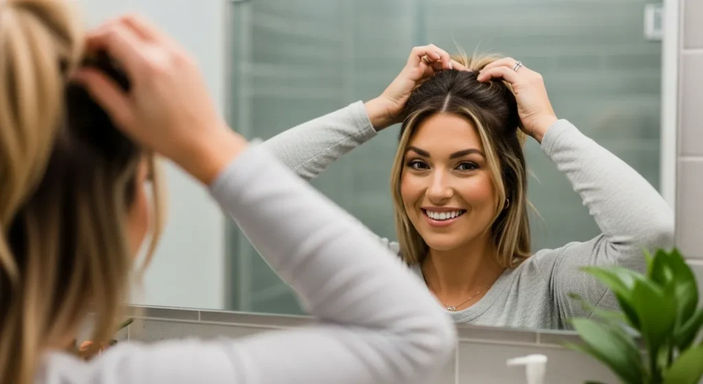 Everyday woman styling half up half down hairstyle at home.