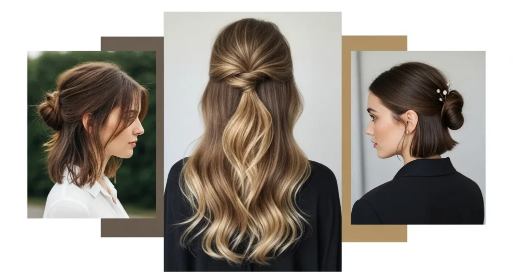 Half up half down hairstyle for long hair with waves, medium-length hair, short bob haircut.